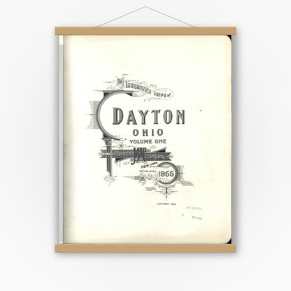 Old map wall art mockup — magnetic wood frame on white wall — Sanborn Fire Insurance Map from Dayton, Montgomery County, Ohio (1955), Sheet #0001