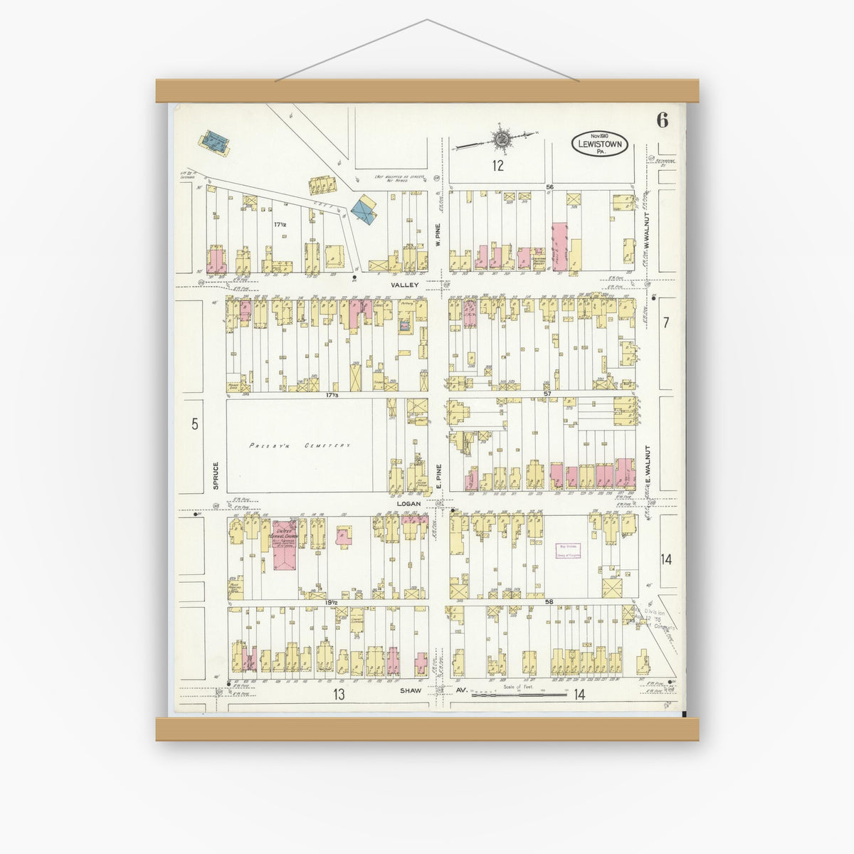 Old map wall art mockup — magnetic wood frame on white wall — Sanborn Fire Insurance Map from Lewistown, Mifflin County, Pennsylvania (1910), Sheet #0006