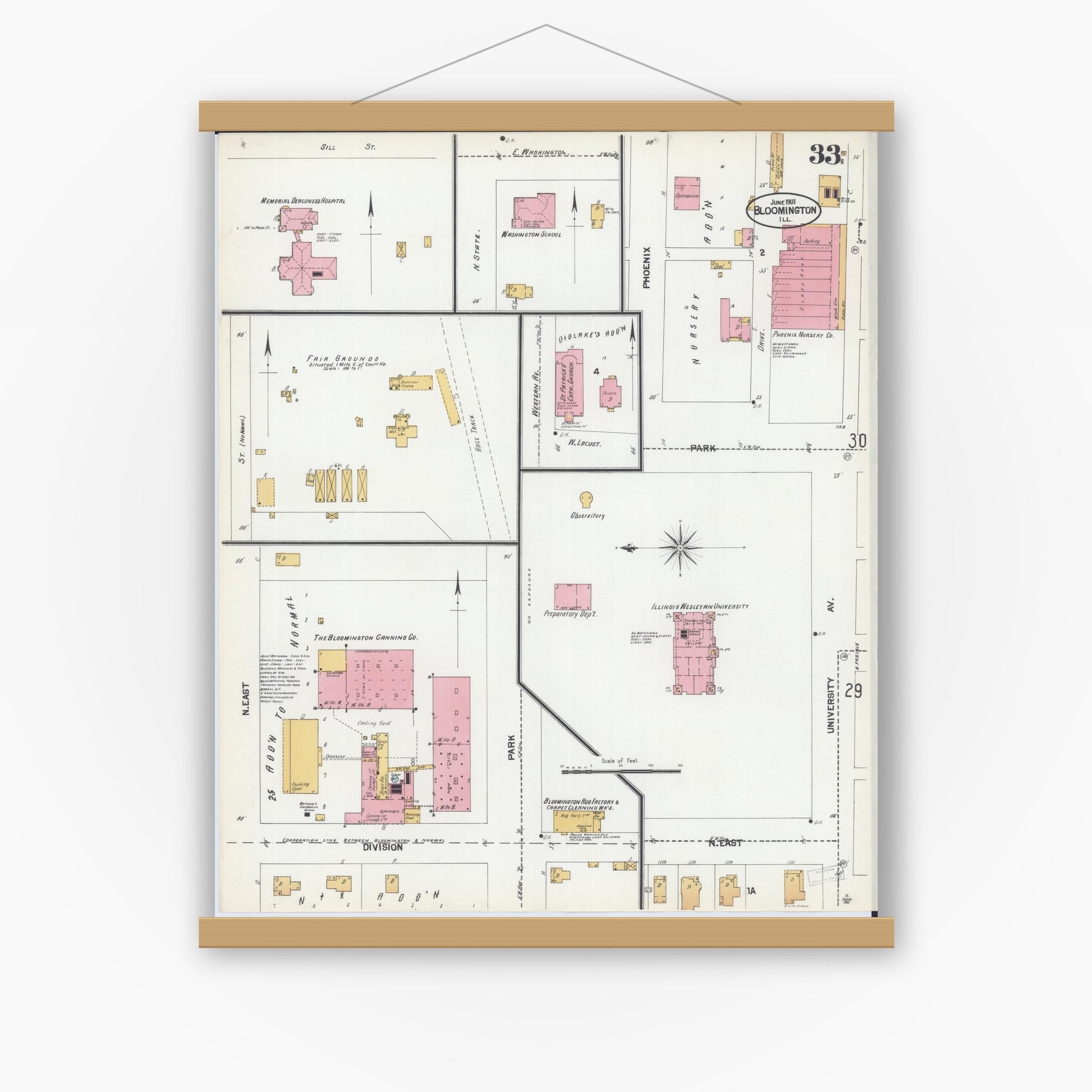 Old map wall art mockup — magnetic wood frame on white wall — Sanborn Fire Insurance Map from Bloomington, McLean County, Illinois (1901), Sheet #0033