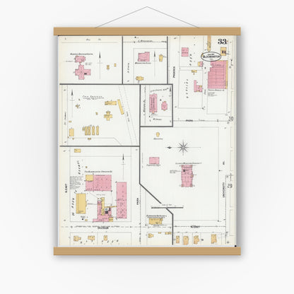 Old map wall art mockup — magnetic wood frame on white wall — Sanborn Fire Insurance Map from Bloomington, McLean County, Illinois (1901), Sheet #0033