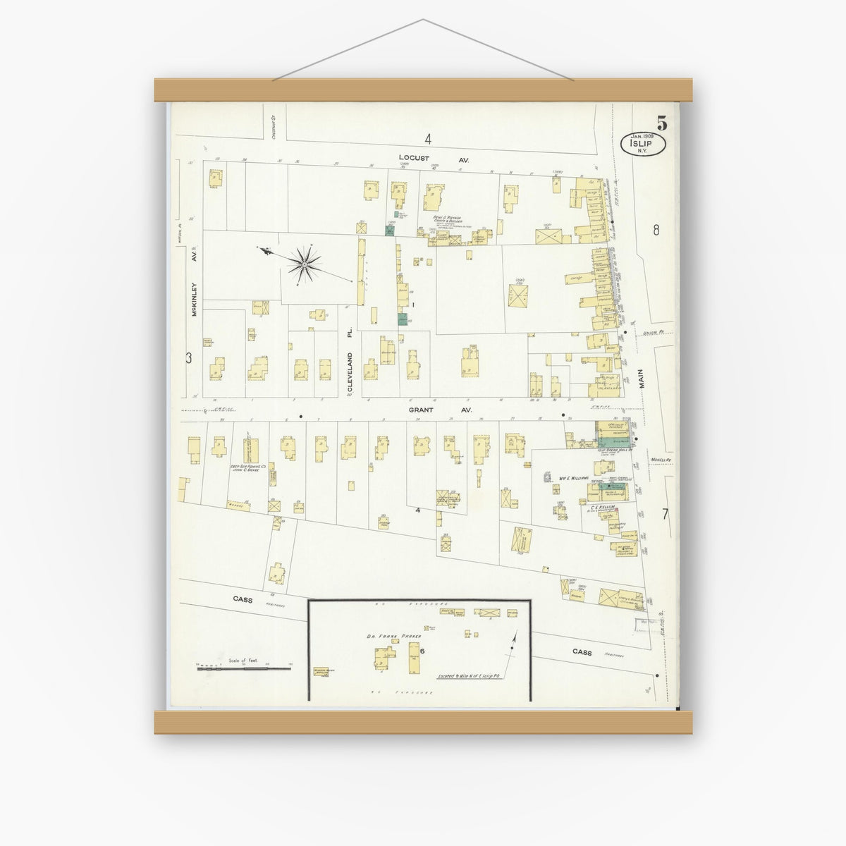 Old map wall art mockup — magnetic wood frame on white wall — Sanborn Fire Insurance Map from Islip, Suffolk County, New York (1909), Sheet #0005