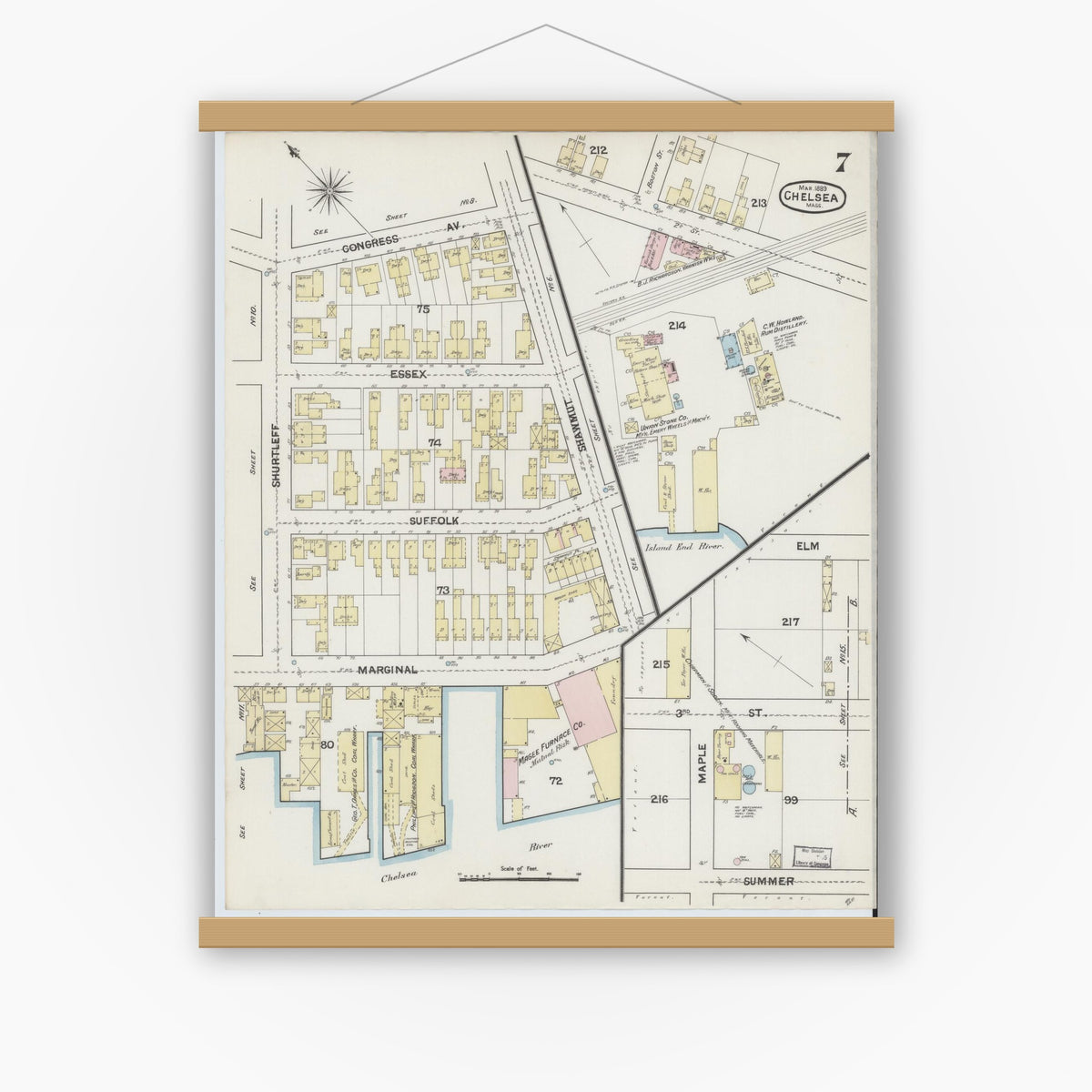 Old map wall art mockup — magnetic wood frame on white wall — Sanborn Fire Insurance Map from Chelsea, Suffolk County, Massachusetts (1889), Sheet #0007