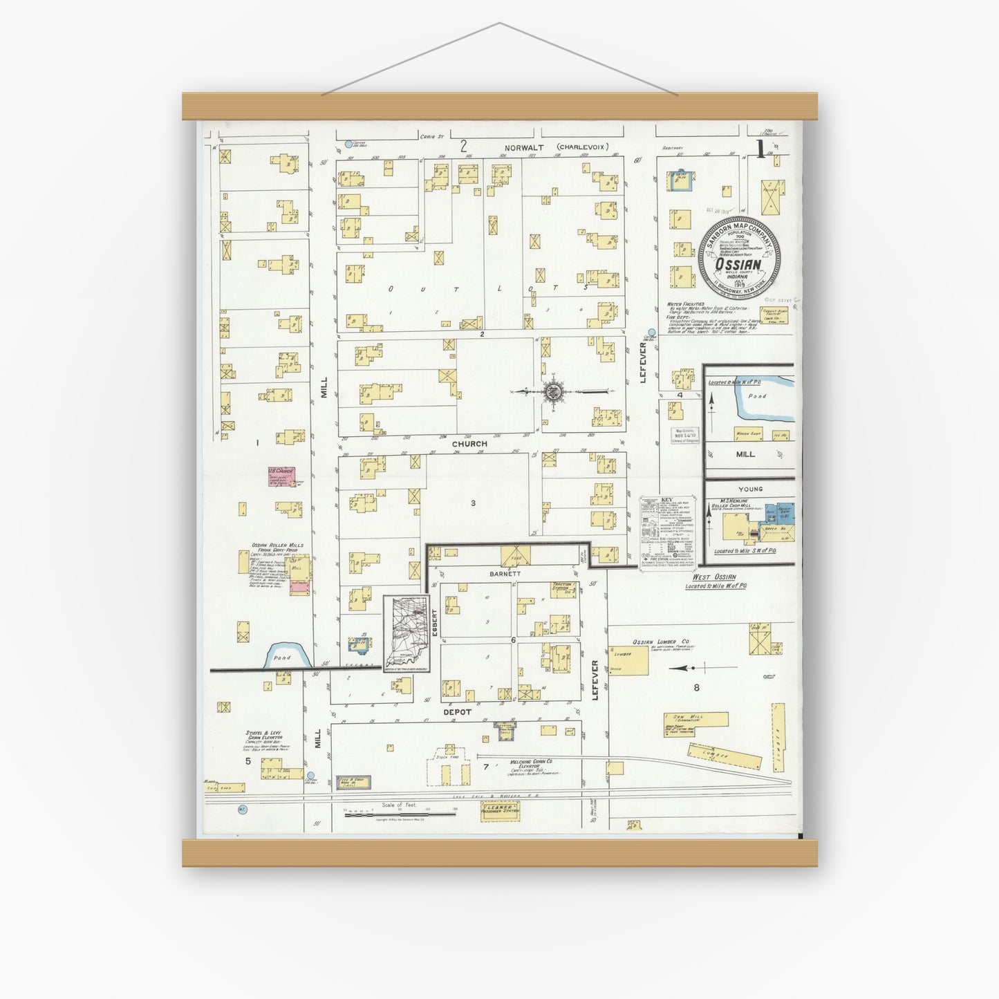 Old map wall art mockup — magnetic wood frame on white wall — Sanborn Fire Insurance Map from Ossian, Wells County, Indiana (1919) - Complete Map Set