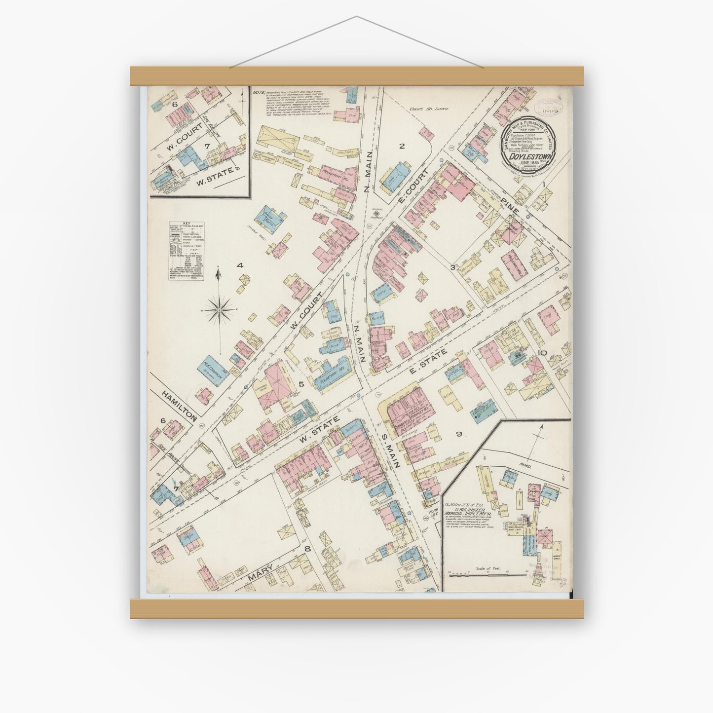 Old map wall art mockup — magnetic wood frame on white wall — Sanborn Fire Insurance Map from Doylestown, Bucks County, Pennsylvania (1885), Sheet #0001