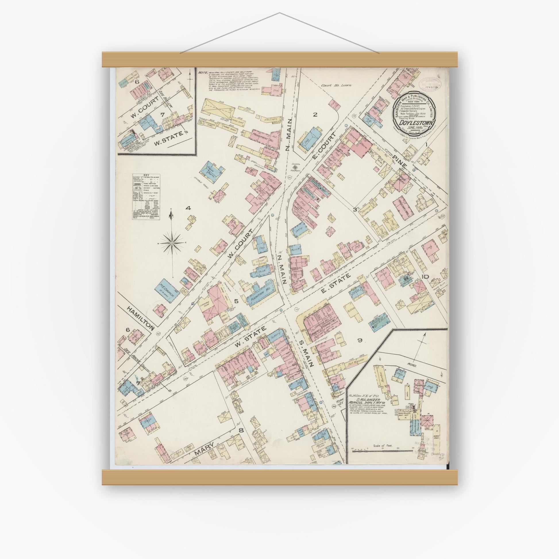 Old map wall art mockup — magnetic wood frame on white wall — Sanborn Fire Insurance Map from Doylestown, Bucks County, Pennsylvania (1885), Sheet #0001