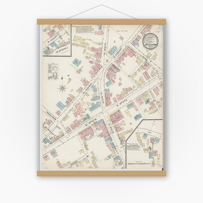 Old map wall art mockup — magnetic wood frame on white wall — Sanborn Fire Insurance Map from Doylestown, Bucks County, Pennsylvania (1885), Sheet #0001