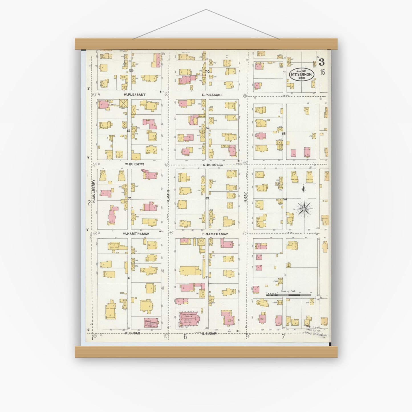 Old map wall art mockup — magnetic wood frame on white wall — Sanborn Fire Insurance Map from Mount Vernon, Knox County, Ohio (1903), Sheet #0003