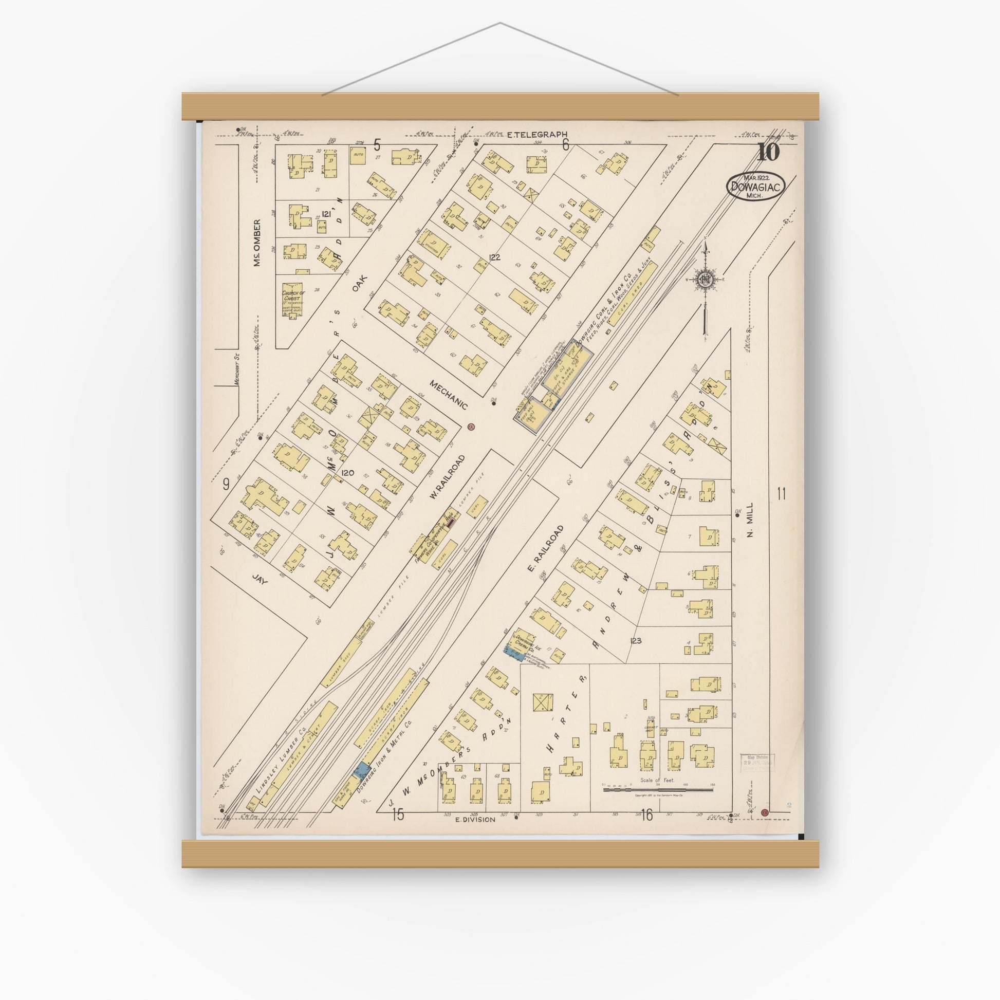 Old map wall art mockup — magnetic wood frame on white wall — Sanborn Fire Insurance Map from Dowagiac, Cass County, Michigan (1922), Sheet #0010