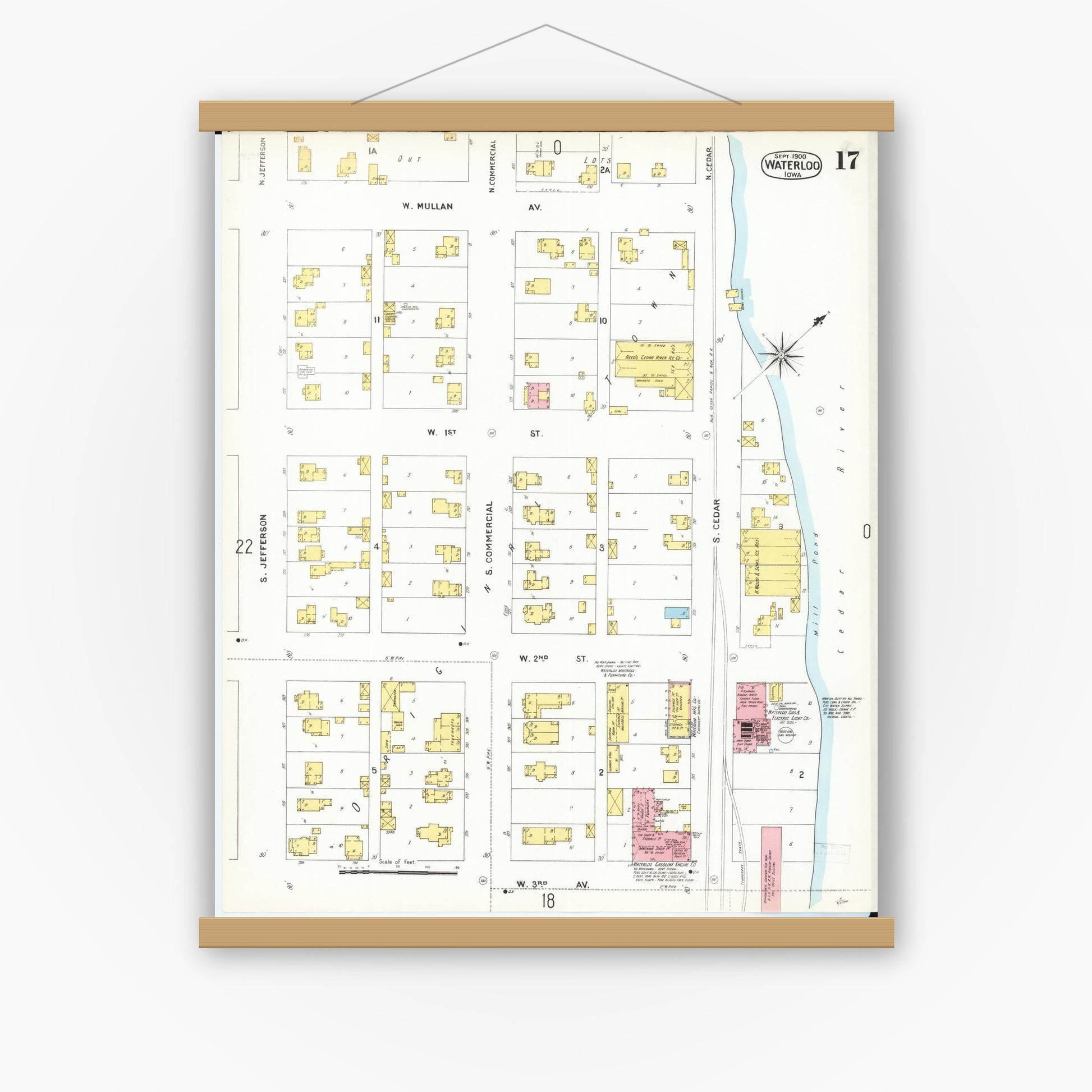 Old map wall art mockup — magnetic wood frame on white wall — Sanborn Fire Insurance Map from Waterloo, Black Hawk County, Iowa (1900), Sheet #0017