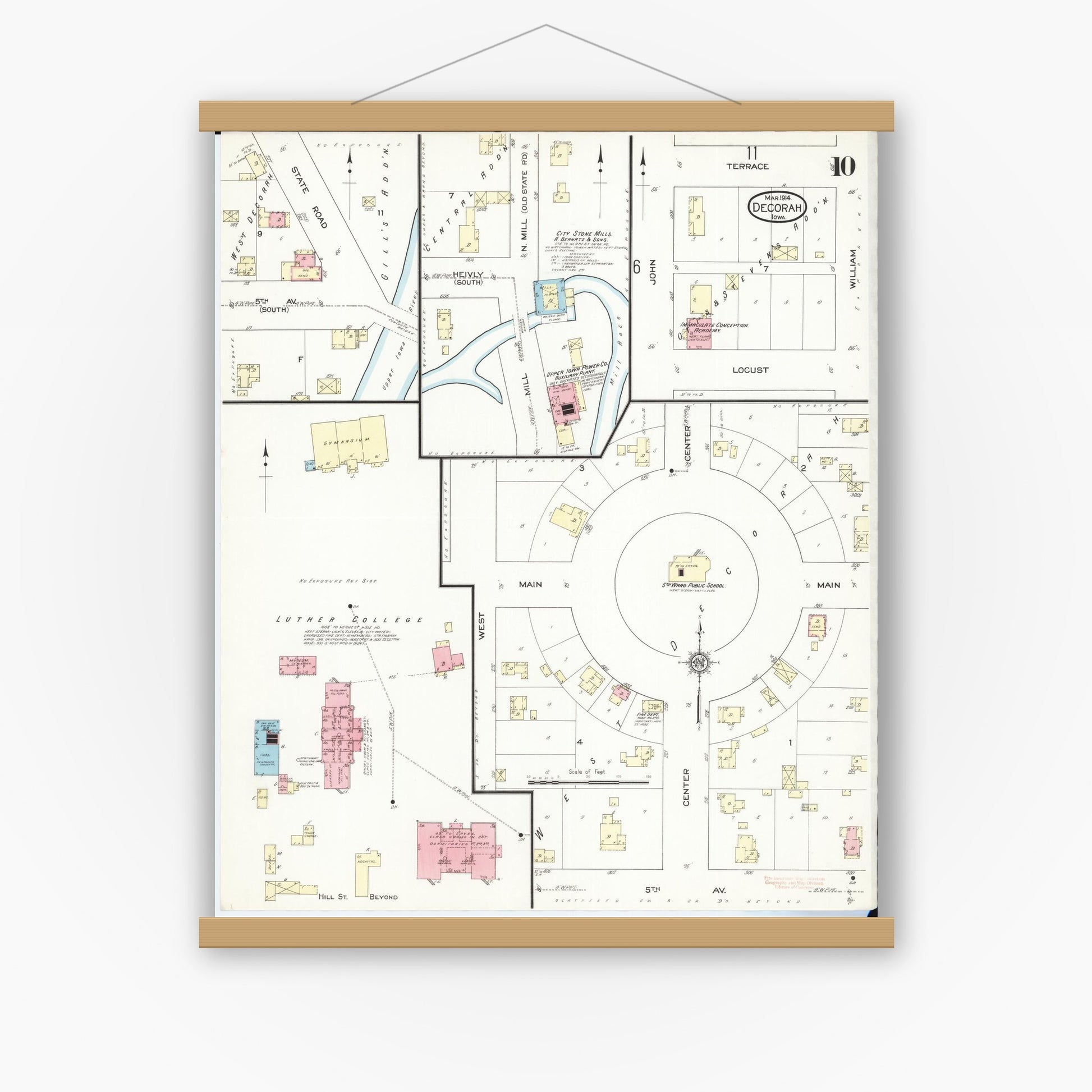 Old map wall art mockup — magnetic wood frame on white wall — Sanborn Fire Insurance Map from Decorah, Winneshiek County, Iowa (1914), Sheet #0010
