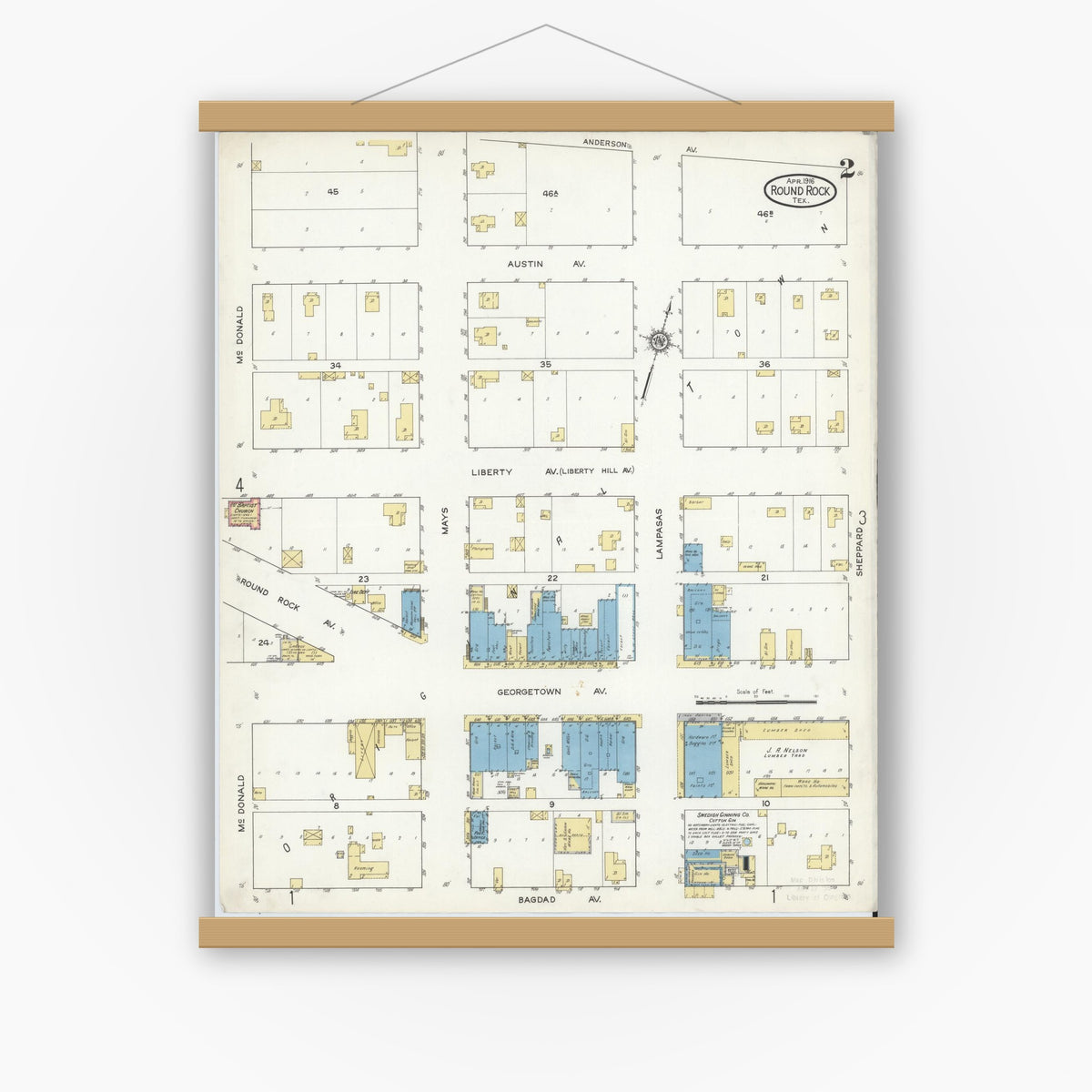 Old map wall art mockup — magnetic wood frame on white wall — Sanborn Fire Insurance Map from Round Rock, Williamson County, Texas (1916), Sheet #0002