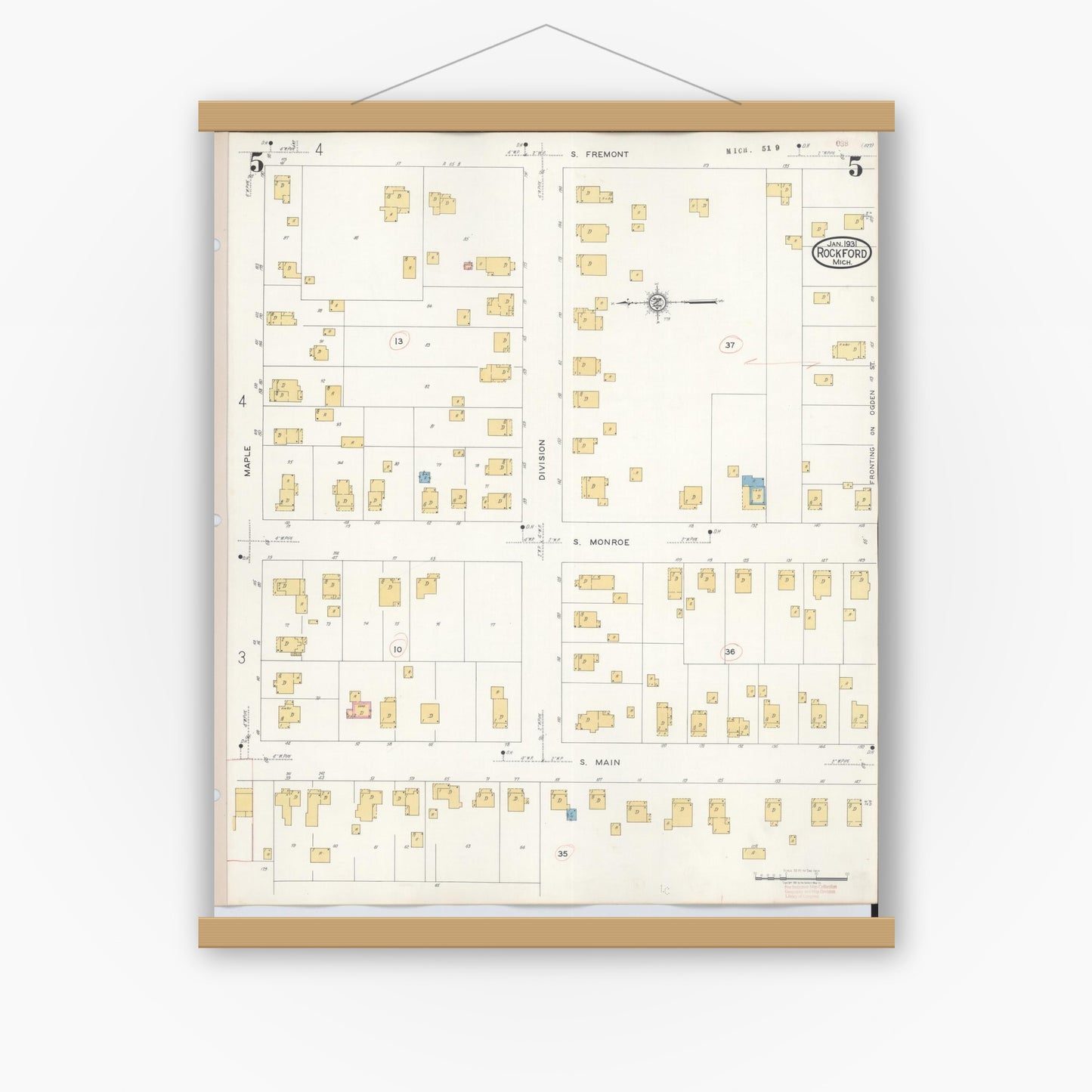 Old map wall art mockup — magnetic wood frame on white wall — Sanborn Fire Insurance Map from Rockford, Kent County, Michigan (1931), Sheet #0005