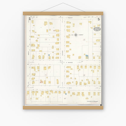 Old map wall art mockup — magnetic wood frame on white wall — Sanborn Fire Insurance Map from Rockford, Kent County, Michigan (1931), Sheet #0005