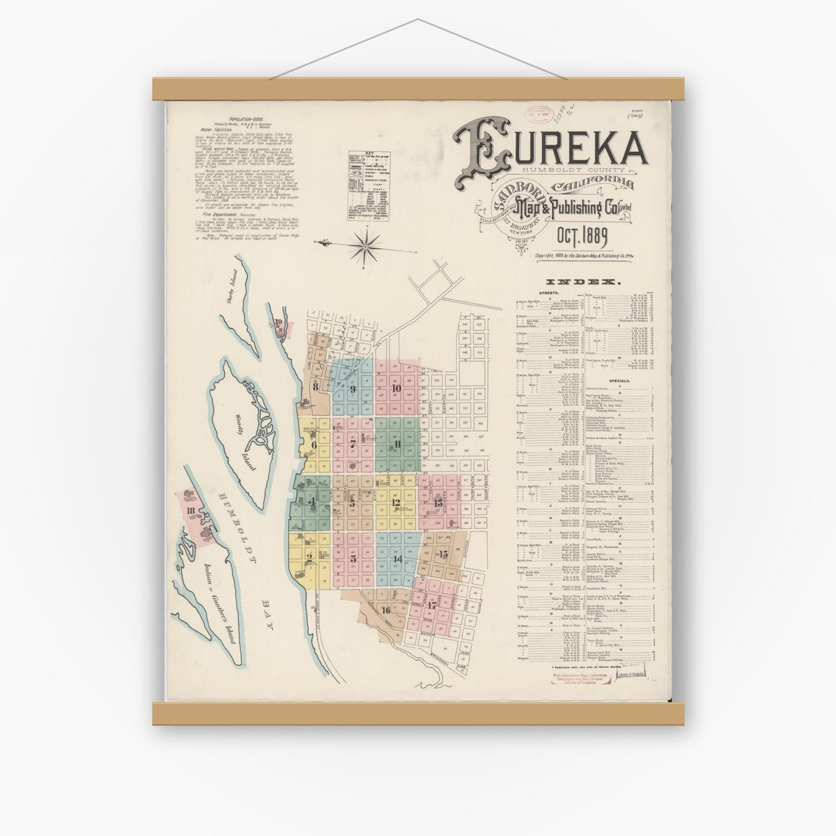 Old map wall art mockup — magnetic wood frame on white wall — Sanborn Fire Insurance Map from Eureka, Humboldt County, California (1889) - Complete Map Set