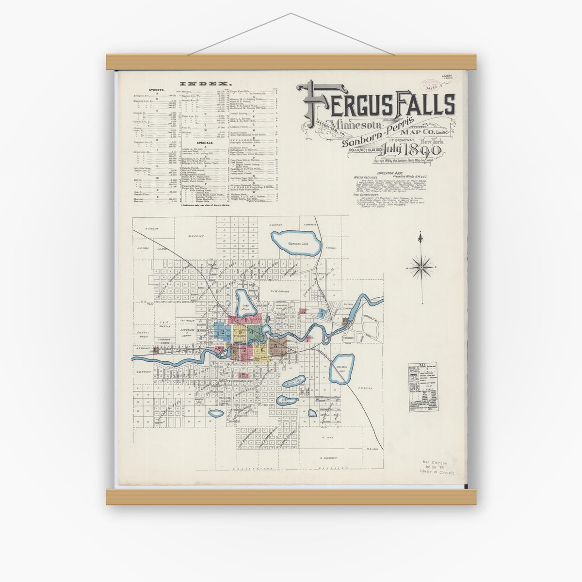 Old map wall art mockup — magnetic wood frame on white wall — Sanborn Fire Insurance Map from Fergus Falls, Otter Tail County, Minnesota (1890) - Complete Map Set