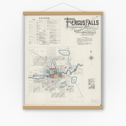 Old map wall art mockup — magnetic wood frame on white wall — Sanborn Fire Insurance Map from Fergus Falls, Otter Tail County, Minnesota (1890) - Complete Map Set