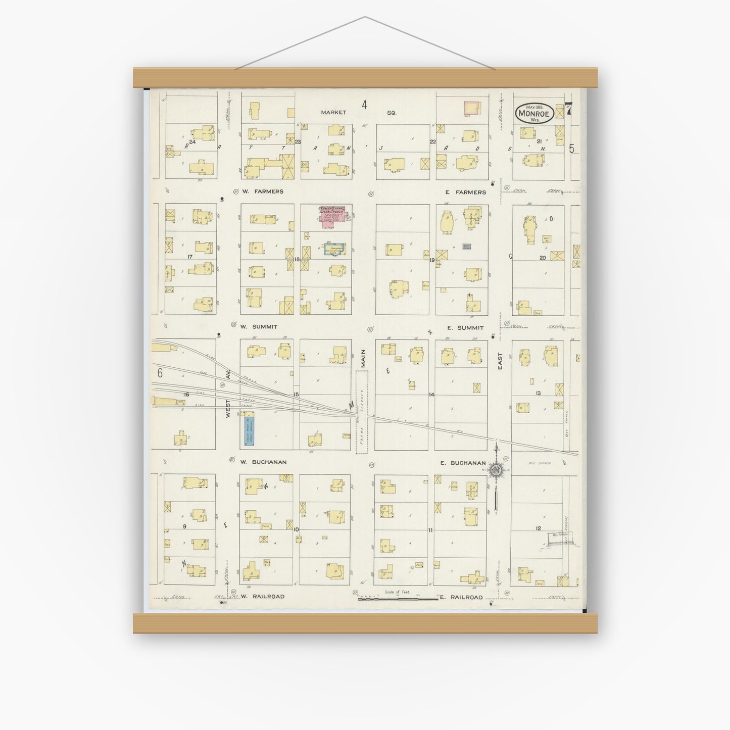 Old map wall art mockup — magnetic wood frame on white wall — Sanborn Fire Insurance Map from Monroe, Green County, Wisconsin (1915), Sheet #0007