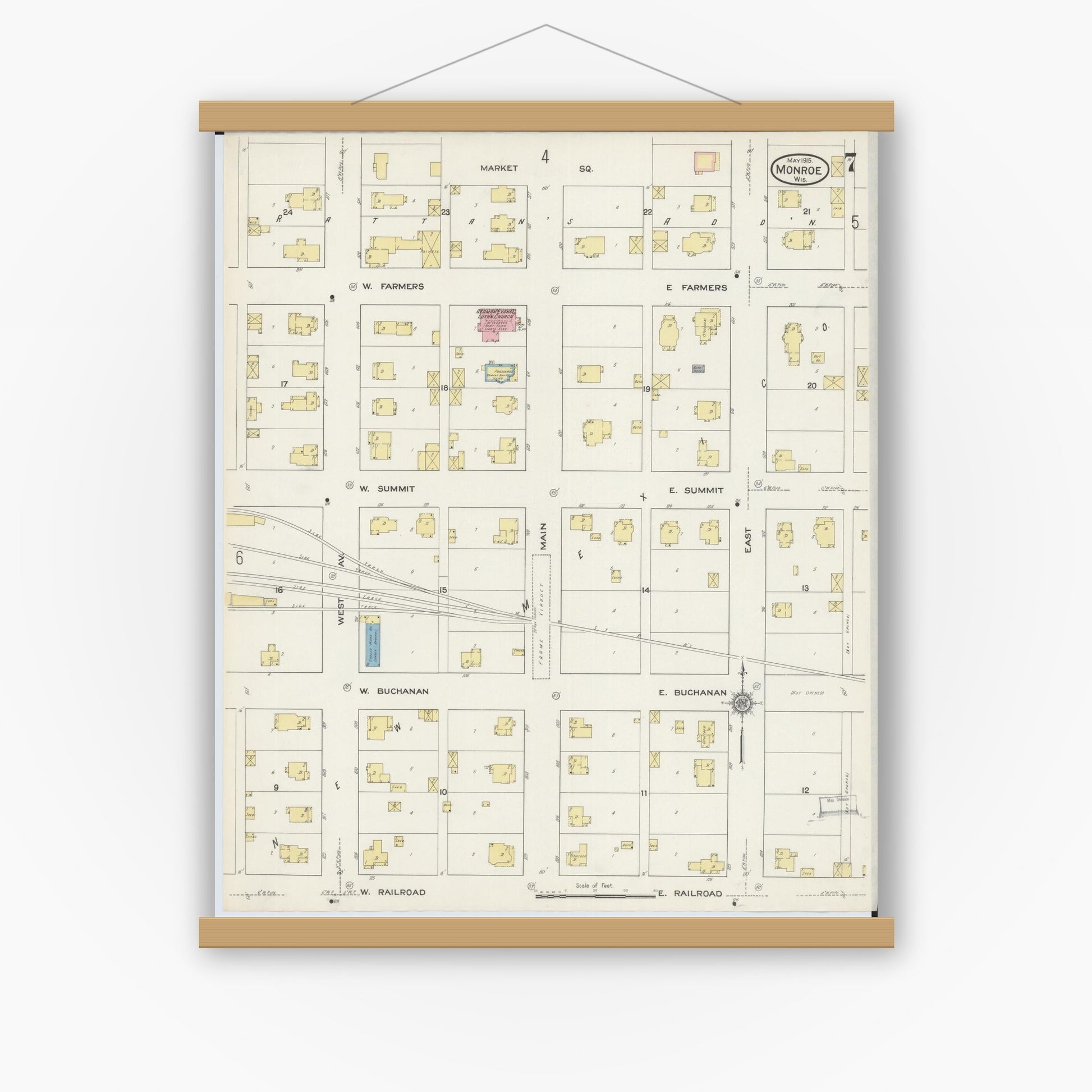 Old map wall art mockup — magnetic wood frame on white wall — Sanborn Fire Insurance Map from Monroe, Green County, Wisconsin (1915), Sheet #0007