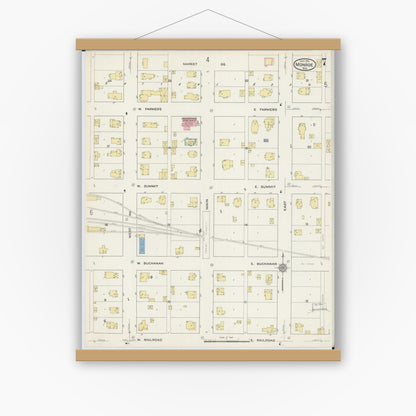 Old map wall art mockup — magnetic wood frame on white wall — Sanborn Fire Insurance Map from Monroe, Green County, Wisconsin (1915), Sheet #0007