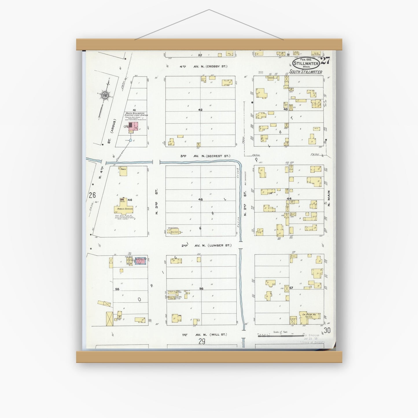 Old map wall art mockup — magnetic wood frame on white wall — Sanborn Fire Insurance Map from Stillwater, Washington County, Minnesota (1910), Sheet #0027