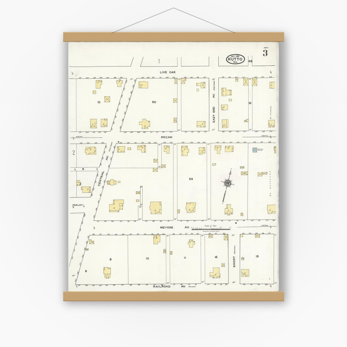 Old map wall art mockup — magnetic wood frame on white wall — Sanborn Fire Insurance Map from Hutto, Williamson County, Texas (1921), Sheet #0003