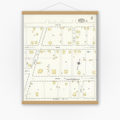 Old map wall art mockup — magnetic wood frame on white wall — Sanborn Fire Insurance Map from Hutto, Williamson County, Texas (1921), Sheet #0003