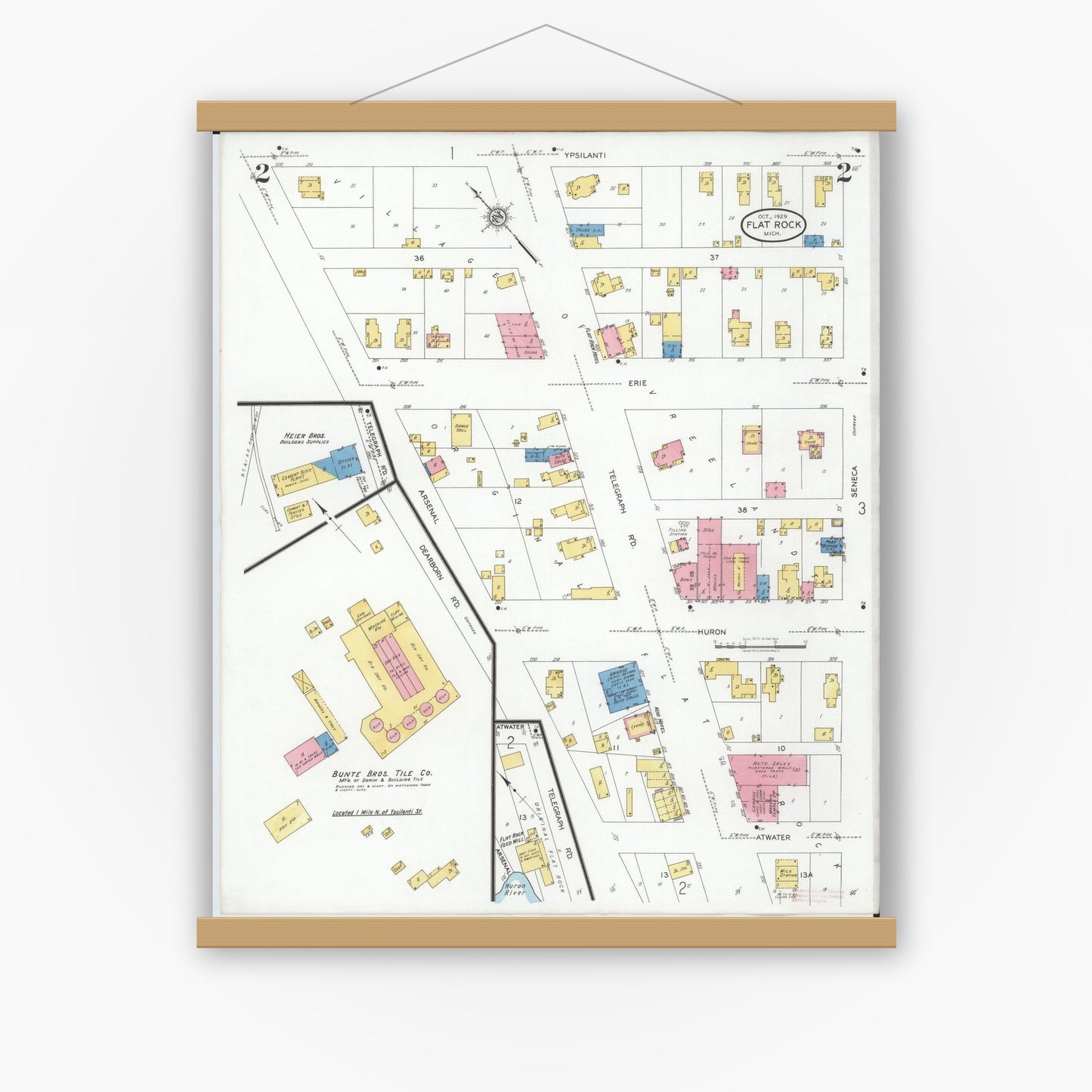 Old map wall art mockup — magnetic wood frame on white wall — Sanborn Fire Insurance Map from Flat Rock, Wayne County, Michigan (1929), Sheet #0002