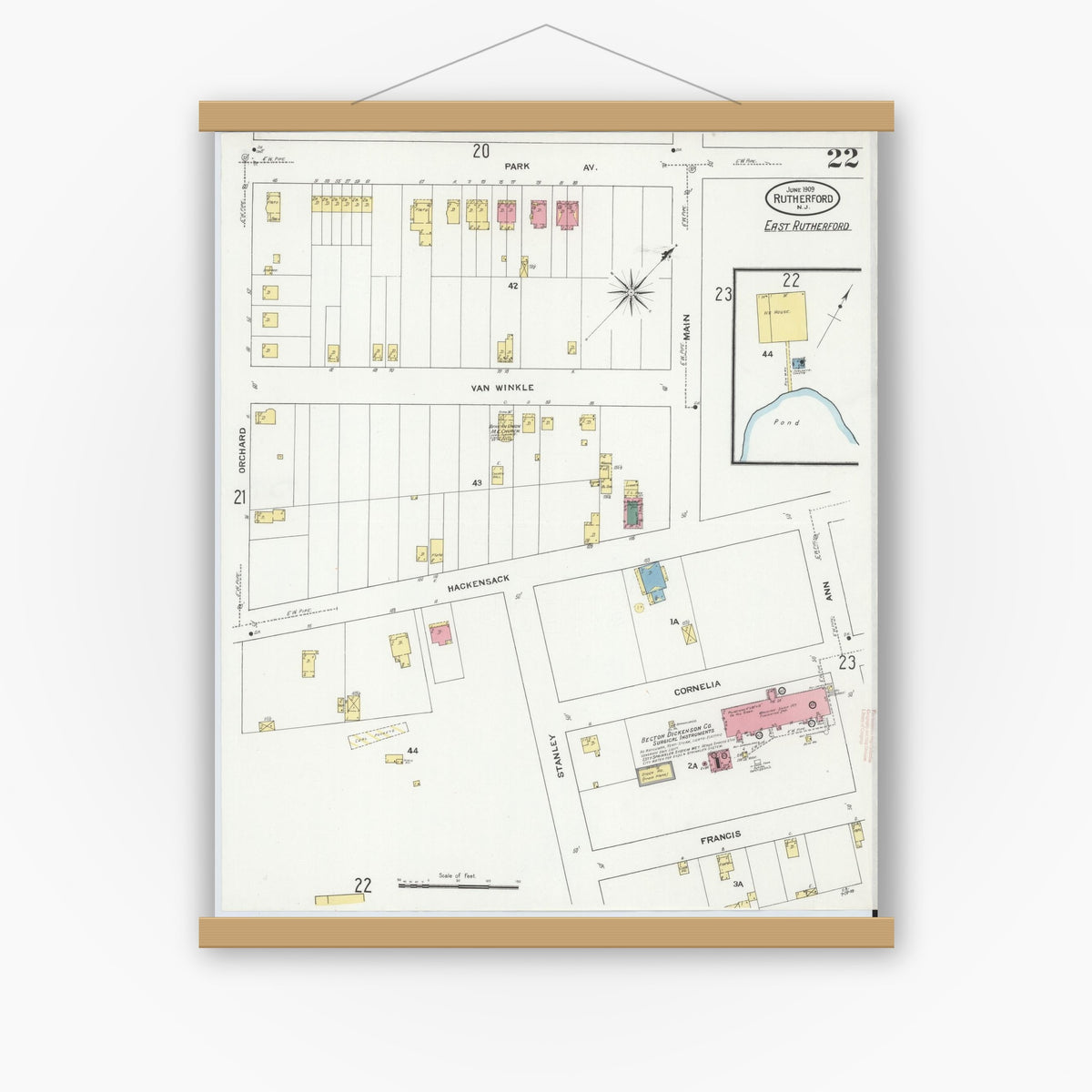 Old map wall art mockup — magnetic wood frame on white wall — Sanborn Fire Insurance Map from Rutherford, Bergen County, New Jersey (1909), Sheet #0022