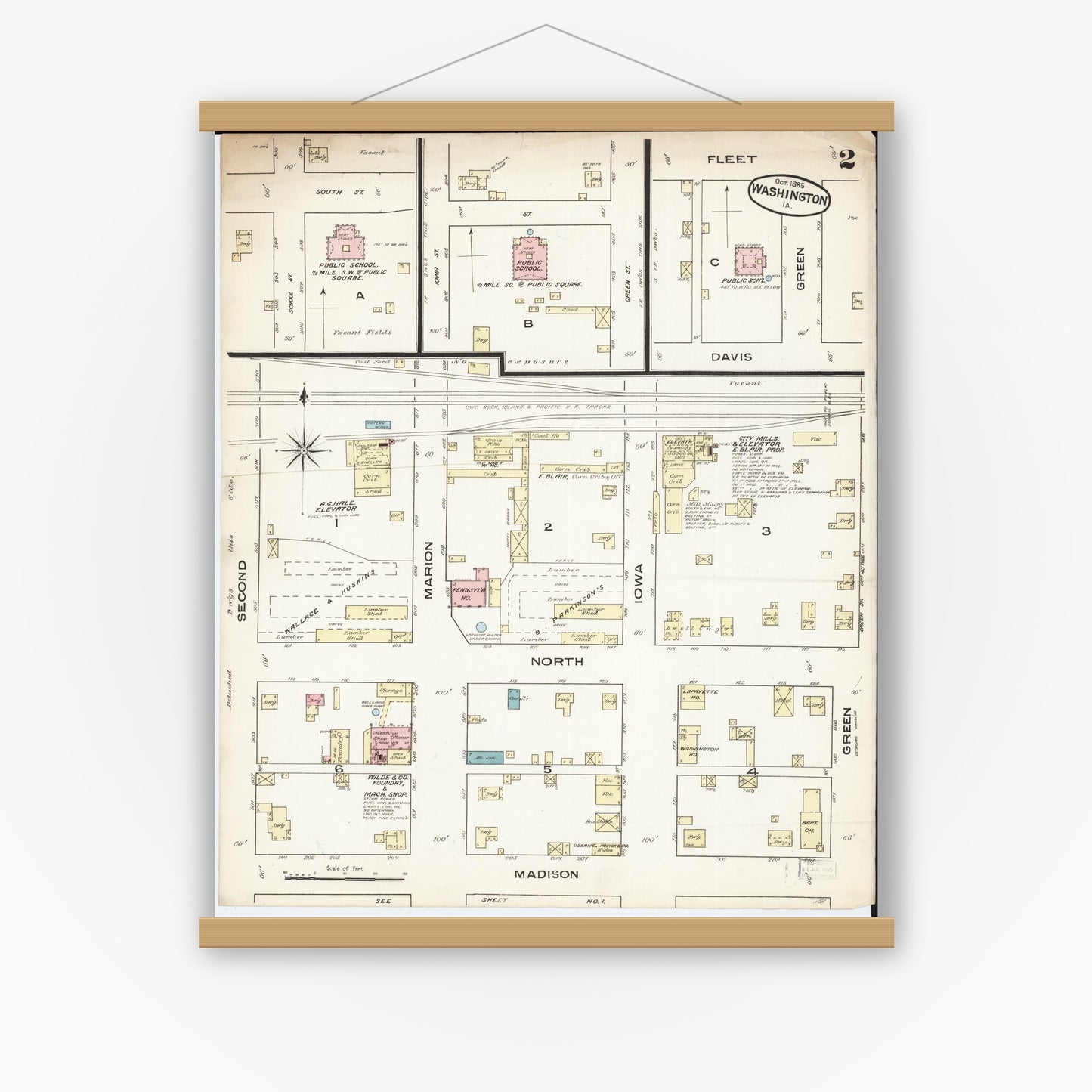 Old map wall art mockup — magnetic wood frame on white wall — Sanborn Fire Insurance Map from Washington, Washington County, Iowa (1885), Sheet #0002