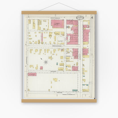 Old map wall art mockup — magnetic wood frame on white wall — Sanborn Fire Insurance Map from Henderson, Vance County, North Carolina (1893), Sheet #0004