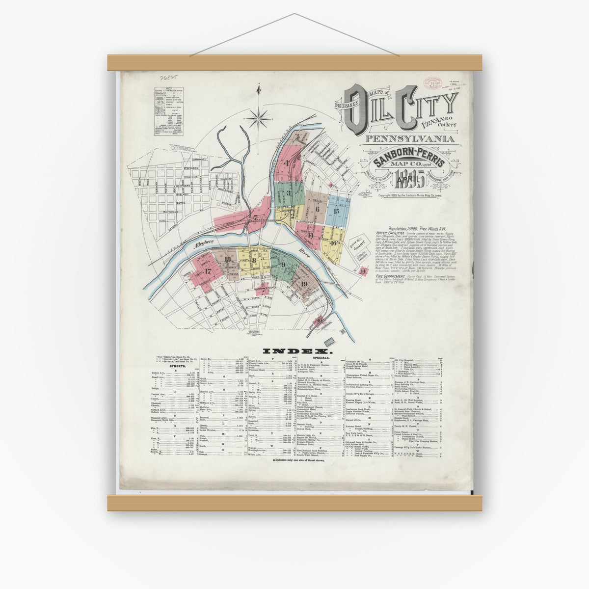Old map wall art mockup — magnetic wood frame on white wall — Sanborn Fire Insurance Map from Oil City, Venango County, Pennsylvania (1895) - Complete Map Set
