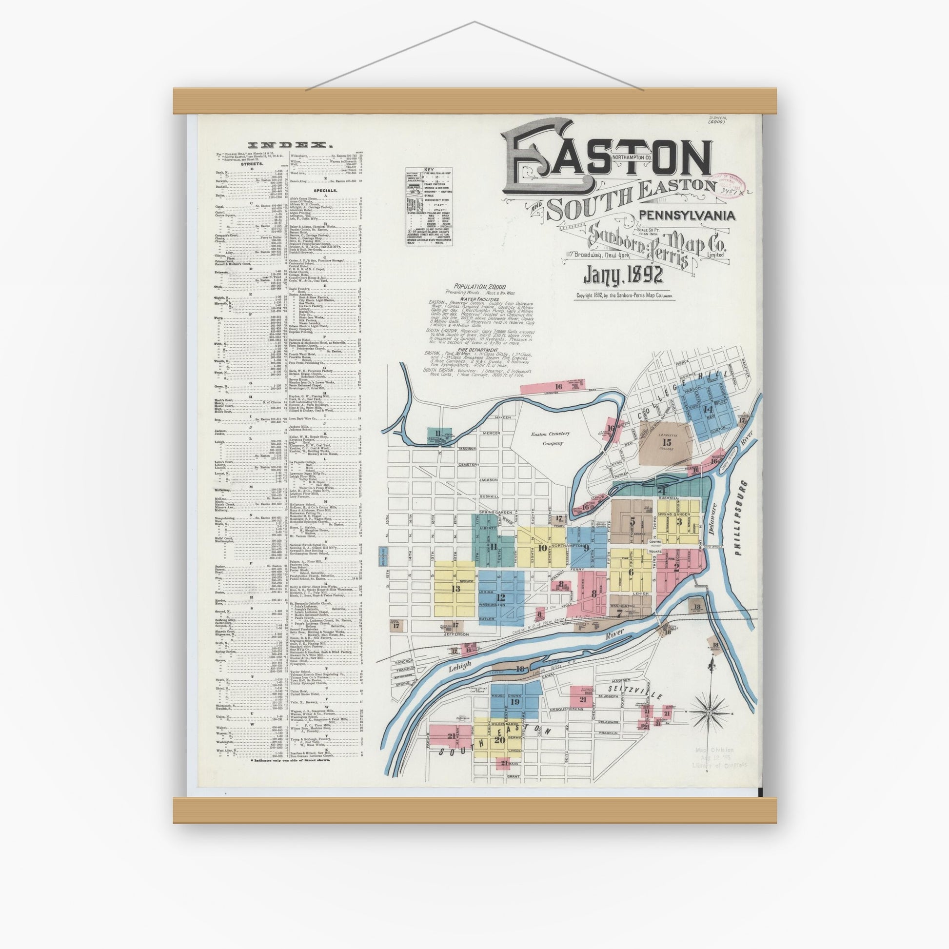 Old map wall art mockup — magnetic wood frame on white wall — Sanborn Fire Insurance Map from Easton, Northampton County, Pennsylvania (1892), Sheet #0001