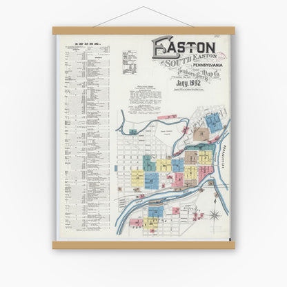 Old map wall art mockup — magnetic wood frame on white wall — Sanborn Fire Insurance Map from Easton, Northampton County, Pennsylvania (1892), Sheet #0001