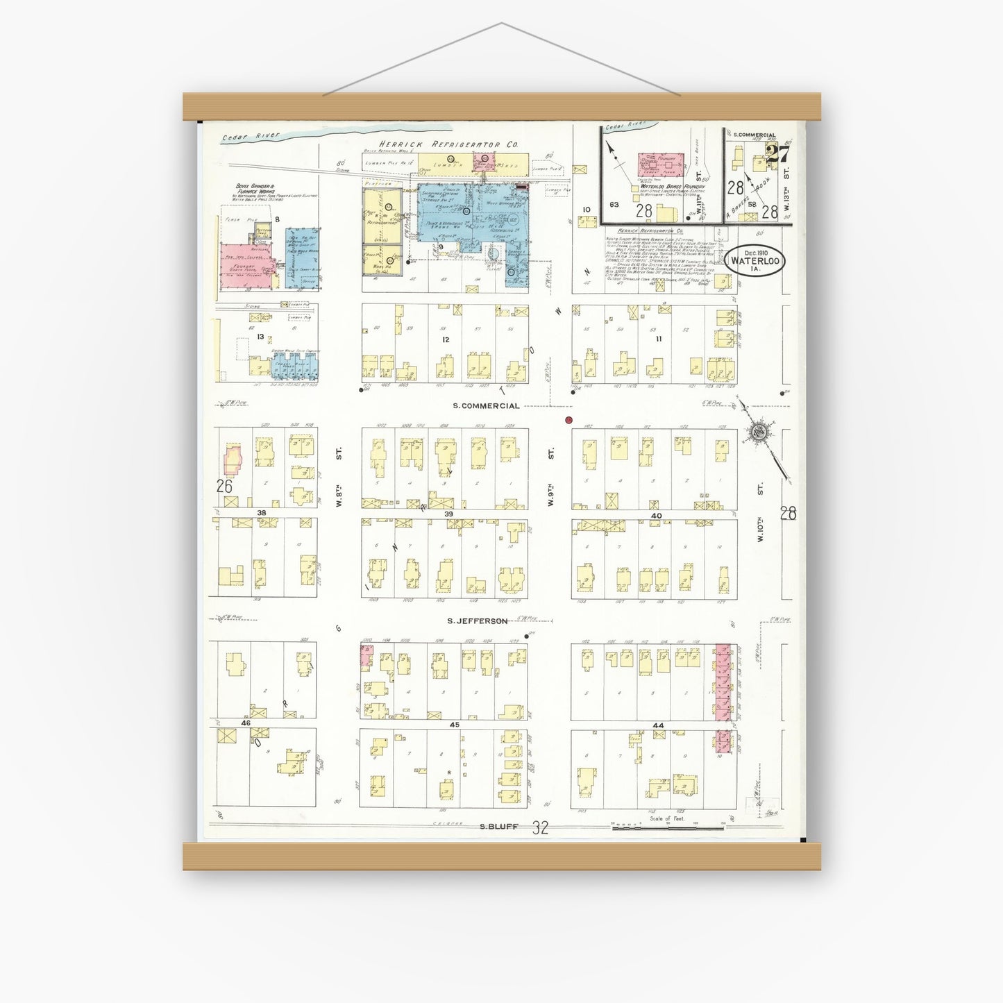 Old map wall art mockup — magnetic wood frame on white wall — Sanborn Fire Insurance Map from Waterloo, Black Hawk County, Iowa (1910), Sheet #0027