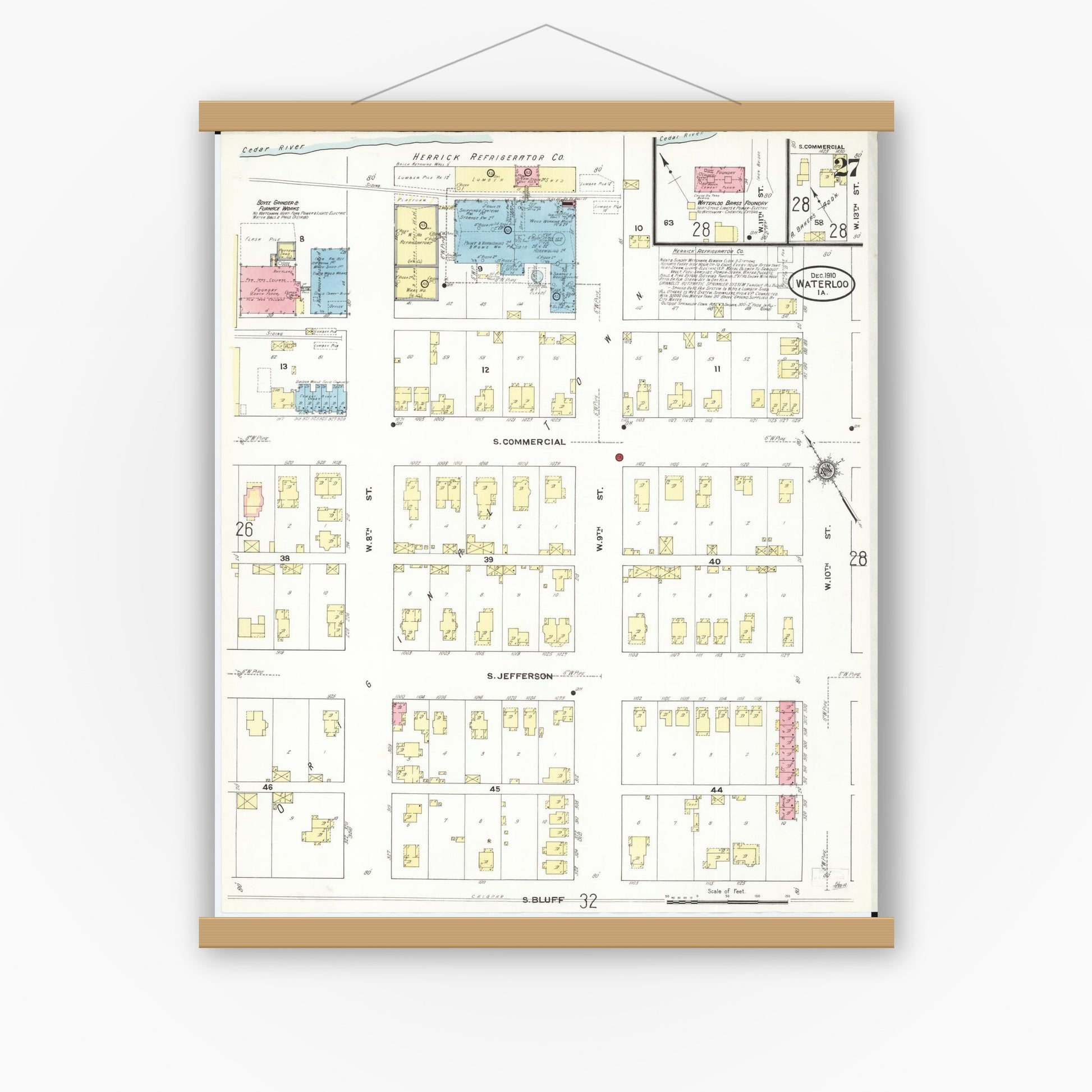 Old map wall art mockup — magnetic wood frame on white wall — Sanborn Fire Insurance Map from Waterloo, Black Hawk County, Iowa (1910), Sheet #0027