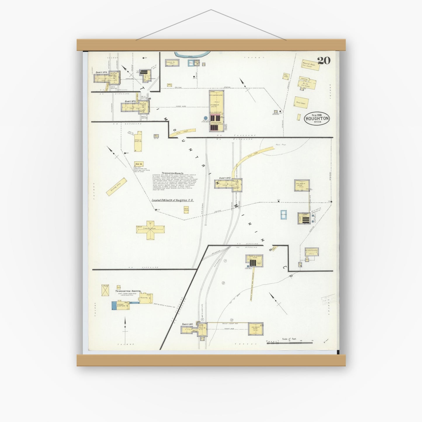 Old map wall art mockup — magnetic wood frame on white wall — Sanborn Fire Insurance Map from Houghton, Houghton County, Michigan (1908), Sheet #0020