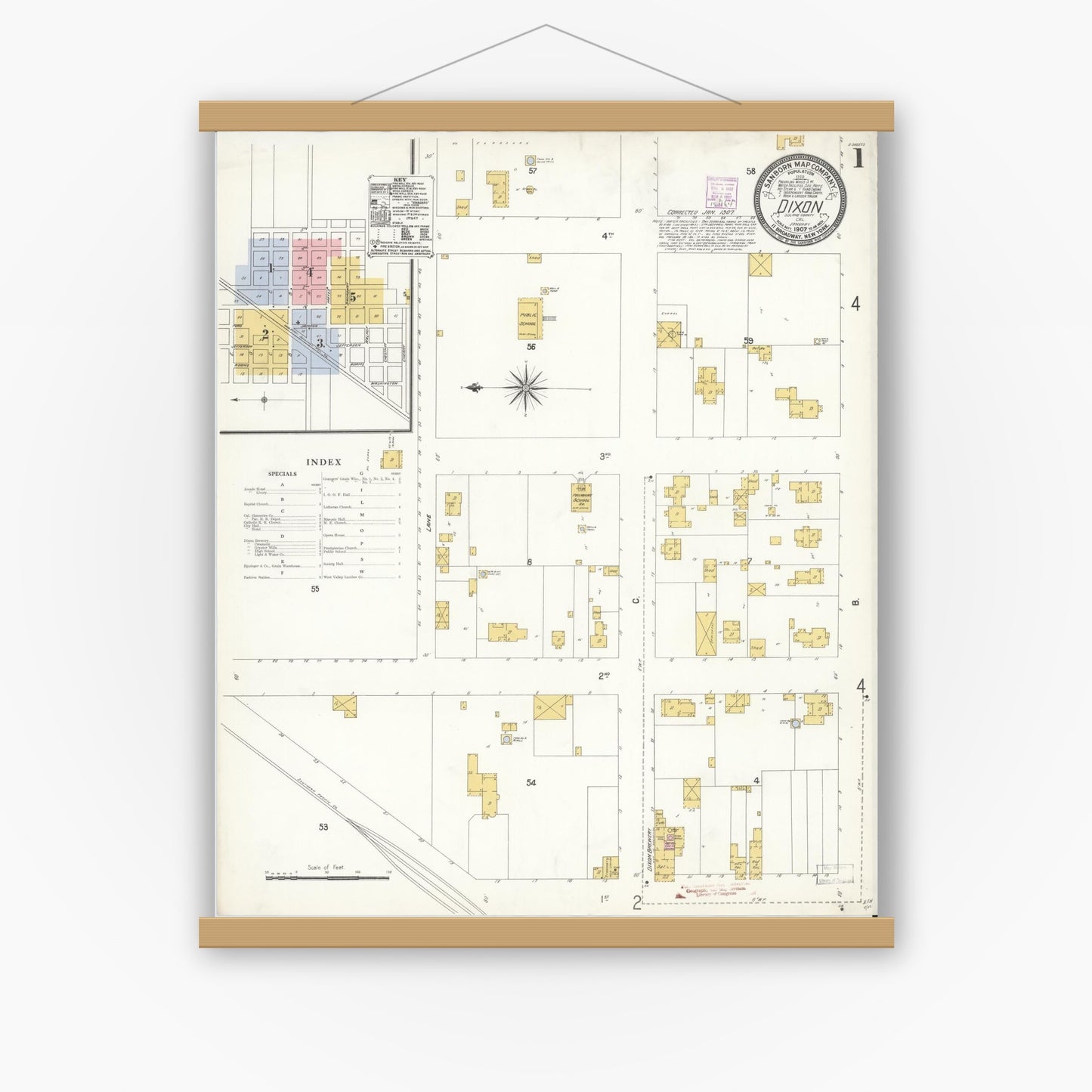 Old map wall art mockup — magnetic wood frame on white wall — Sanborn Fire Insurance Map from Dixon, Solano County, California (1907) - Complete Map Set