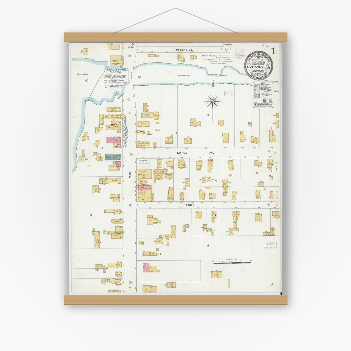 Old map wall art mockup — magnetic wood frame on white wall — Sanborn Fire Insurance Map from Lyndonville, Orleans County, New York (1906) - Complete Map Set