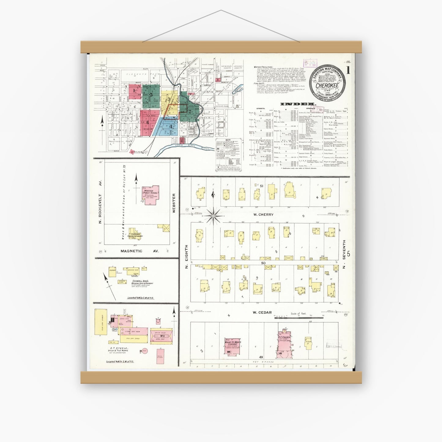 Old map wall art mockup — magnetic wood frame on white wall — Sanborn Fire Insurance Map from Cherokee, Cherokee County, Iowa (1909) â€” Complete Set