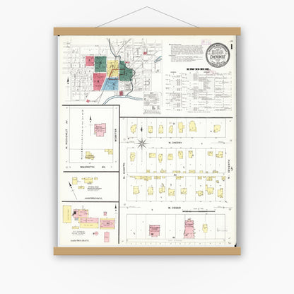 Old map wall art mockup — magnetic wood frame on white wall — Sanborn Fire Insurance Map from Cherokee, Cherokee County, Iowa (1909) â€” Complete Set