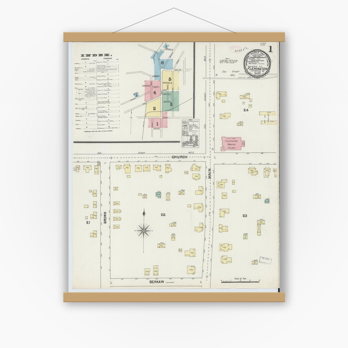 Old map wall art mockup — magnetic wood frame on white wall — Sanborn Fire Insurance Map from Flemington, Hunterdon County, New Jersey (1890) - Complete Map Set