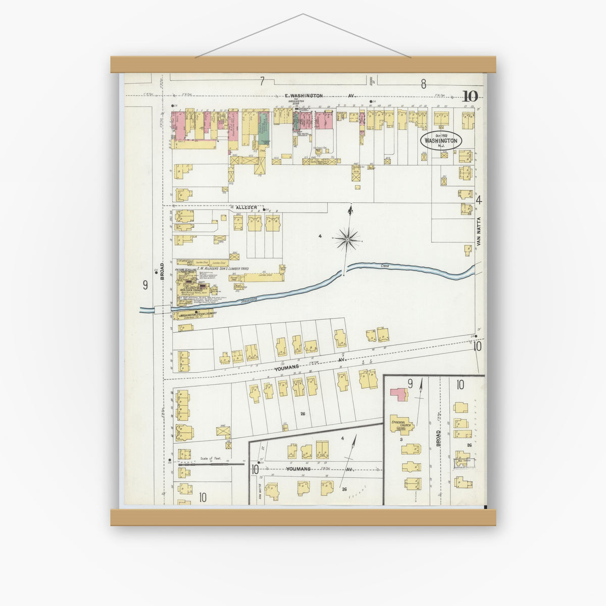 Old map wall art mockup — magnetic wood frame on white wall — Sanborn Fire Insurance Map from Washington, Warren County, New Jersey (1902), Sheet #0010