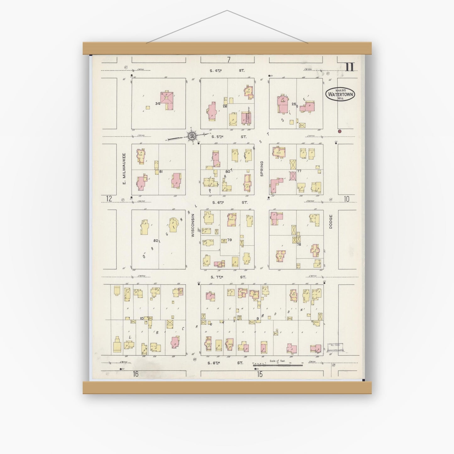 Old map wall art mockup — magnetic wood frame on white wall — Sanborn Fire Insurance Map from Watertown, Jefferson County, Wisconsin (1915), Sheet #0012