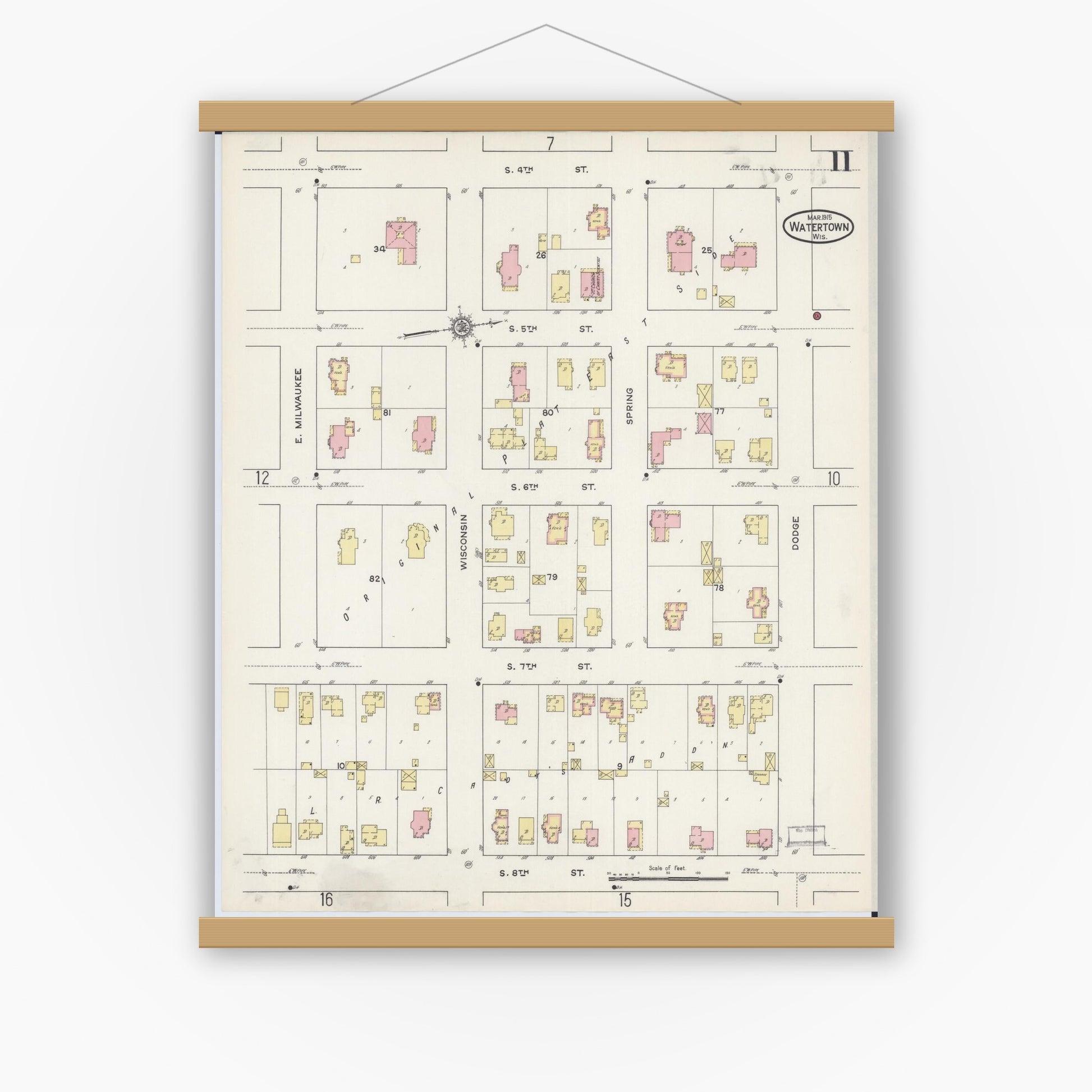 Old map wall art mockup — magnetic wood frame on white wall — Sanborn Fire Insurance Map from Watertown, Jefferson County, Wisconsin (1915), Sheet #0012