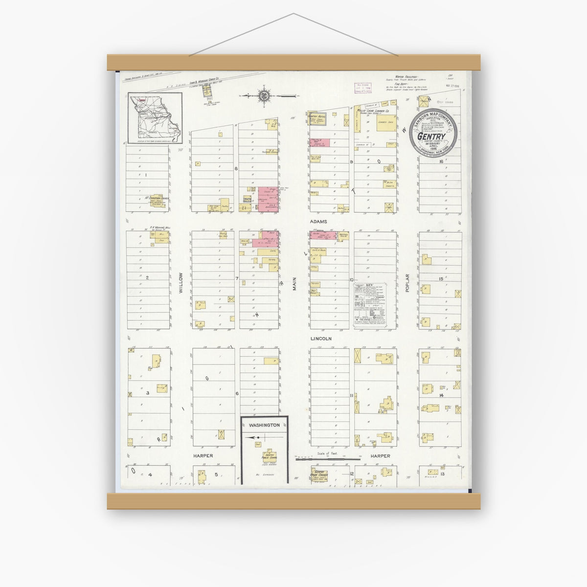 Old map wall art mockup — magnetic wood frame on white wall — Sanborn Fire Insurance Map from Gentry, Gentry County, Missouri (1916), Sheet #0001