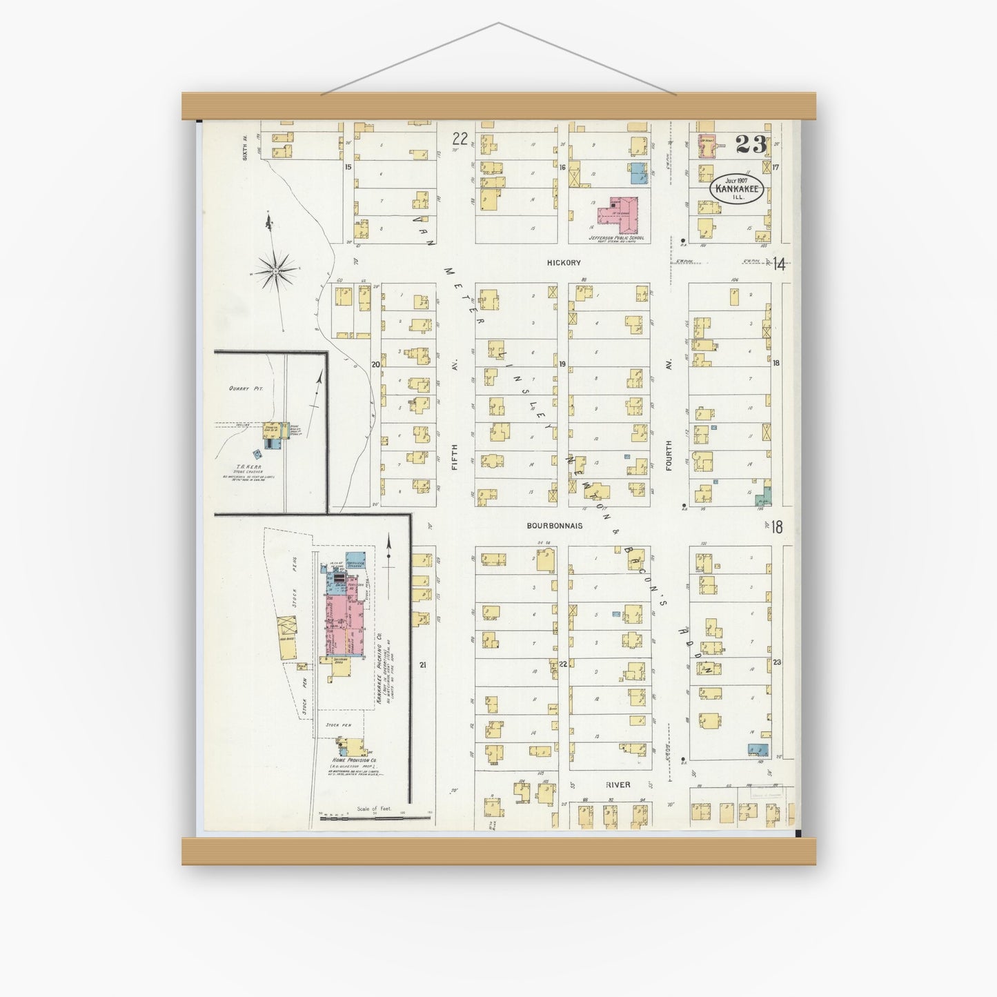 Old map wall art mockup — magnetic wood frame on white wall — Sanborn Fire Insurance Map from Kankakee, Kankakee County, Illinois (1907), Sheet #0023