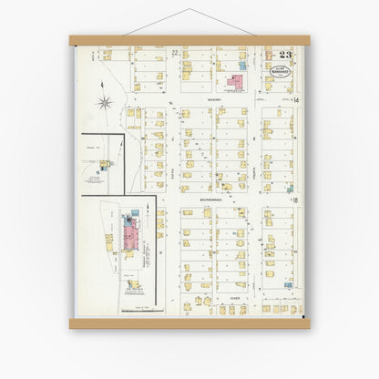 Old map wall art mockup — magnetic wood frame on white wall — Sanborn Fire Insurance Map from Kankakee, Kankakee County, Illinois (1907), Sheet #0023