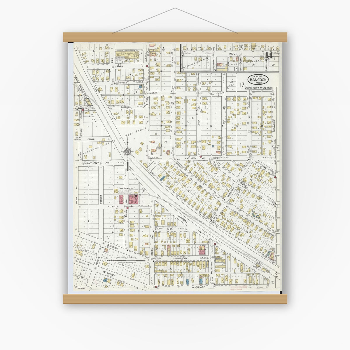 Old map wall art mockup — magnetic wood frame on white wall — Sanborn Fire Insurance Map from Hancock, Houghton County, Michigan (1917), Sheet #0014