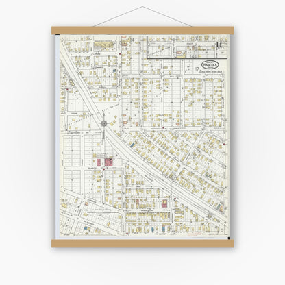 Old map wall art mockup — magnetic wood frame on white wall — Sanborn Fire Insurance Map from Hancock, Houghton County, Michigan (1917), Sheet #0014