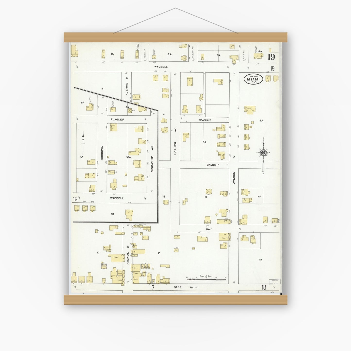 Old map wall art mockup — magnetic wood frame on white wall — Sanborn Fire Insurance Map from Miami, Dade County, Florida (1910), Sheet #0019